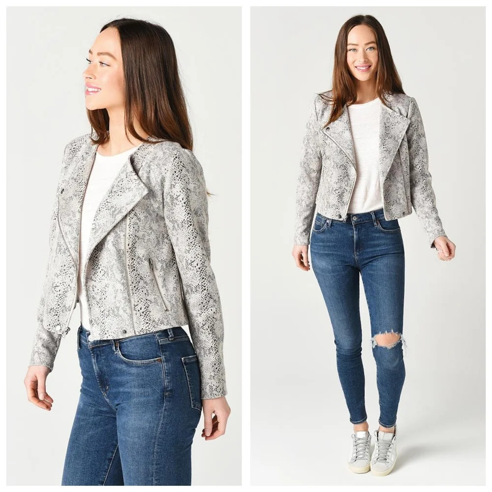 CUPCAKES & CASHMERE Isabell Faux-Suede Cropped Motto Snake Print Jacket, M